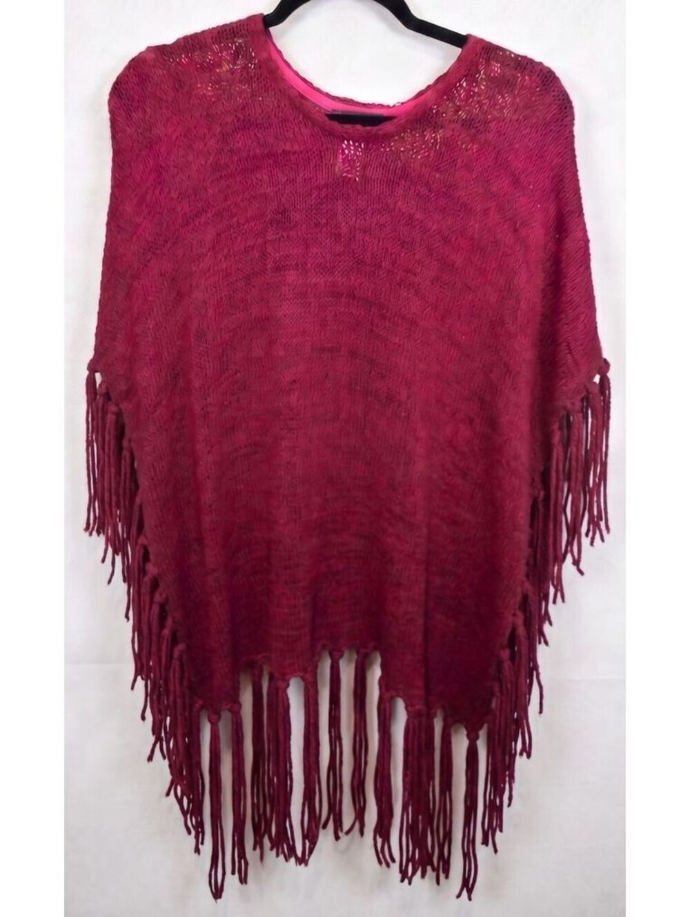 Maurices Burgundy Fringe Open Knit Poncho Sweater Acrylic Nylon Blend One Size